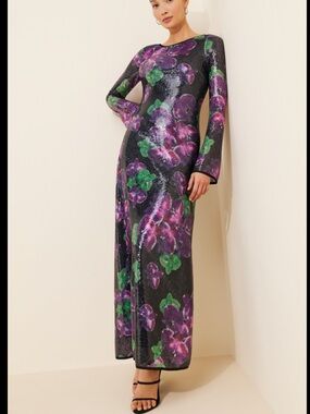 The Wolf Gang Lenee Sequin Floral Long Sleeve Maxi Dress Size XL